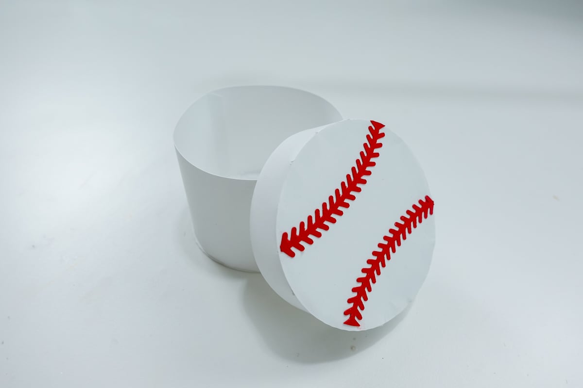 Final baseball box SVG template made out of cardstock.