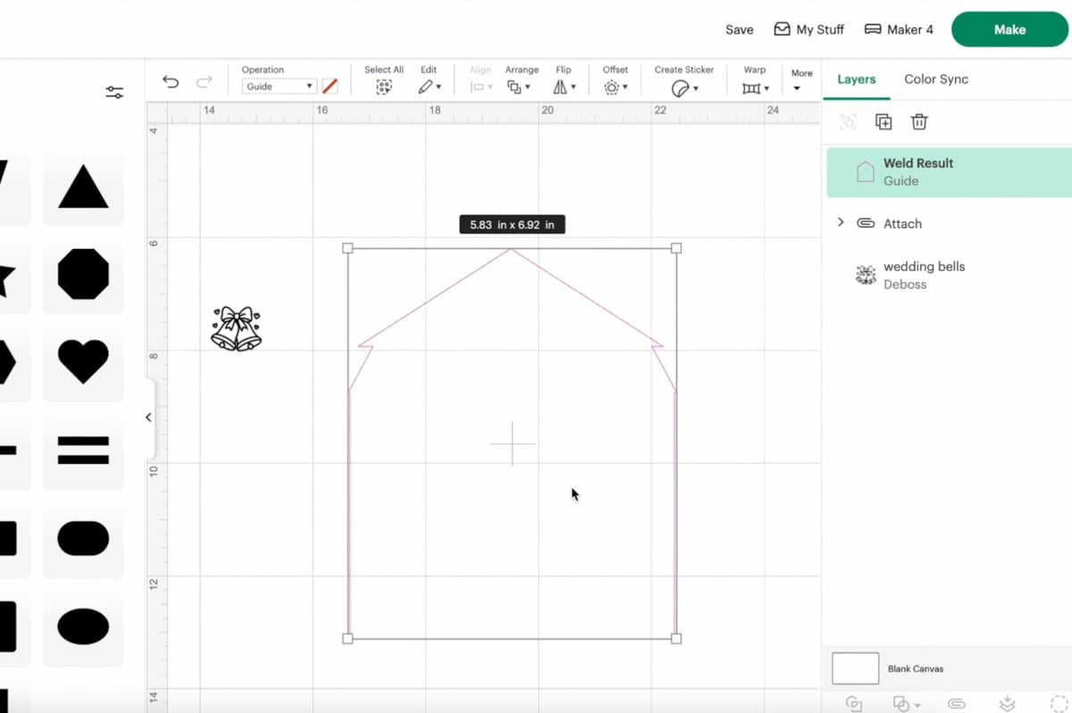 Custom envelope template with flap shape and wedding bells debossed in Cricut Design Space
