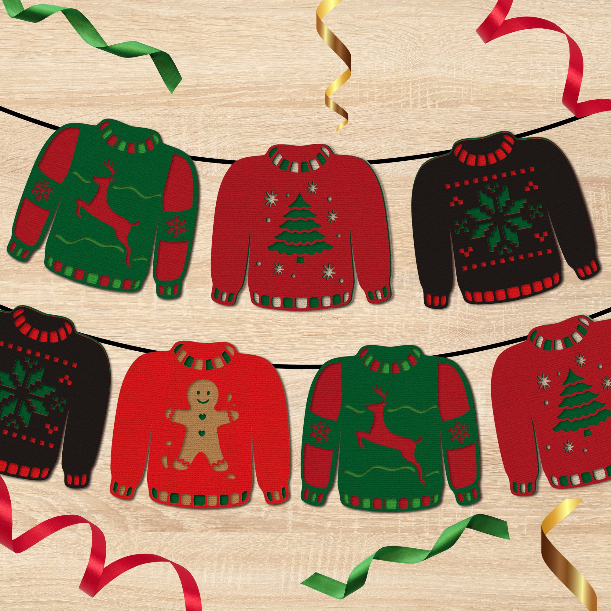 Paper garland banner featuring red, green, and black ugly Christmas sweater cutouts decorated with reindeer, gingerbread men, and trees.