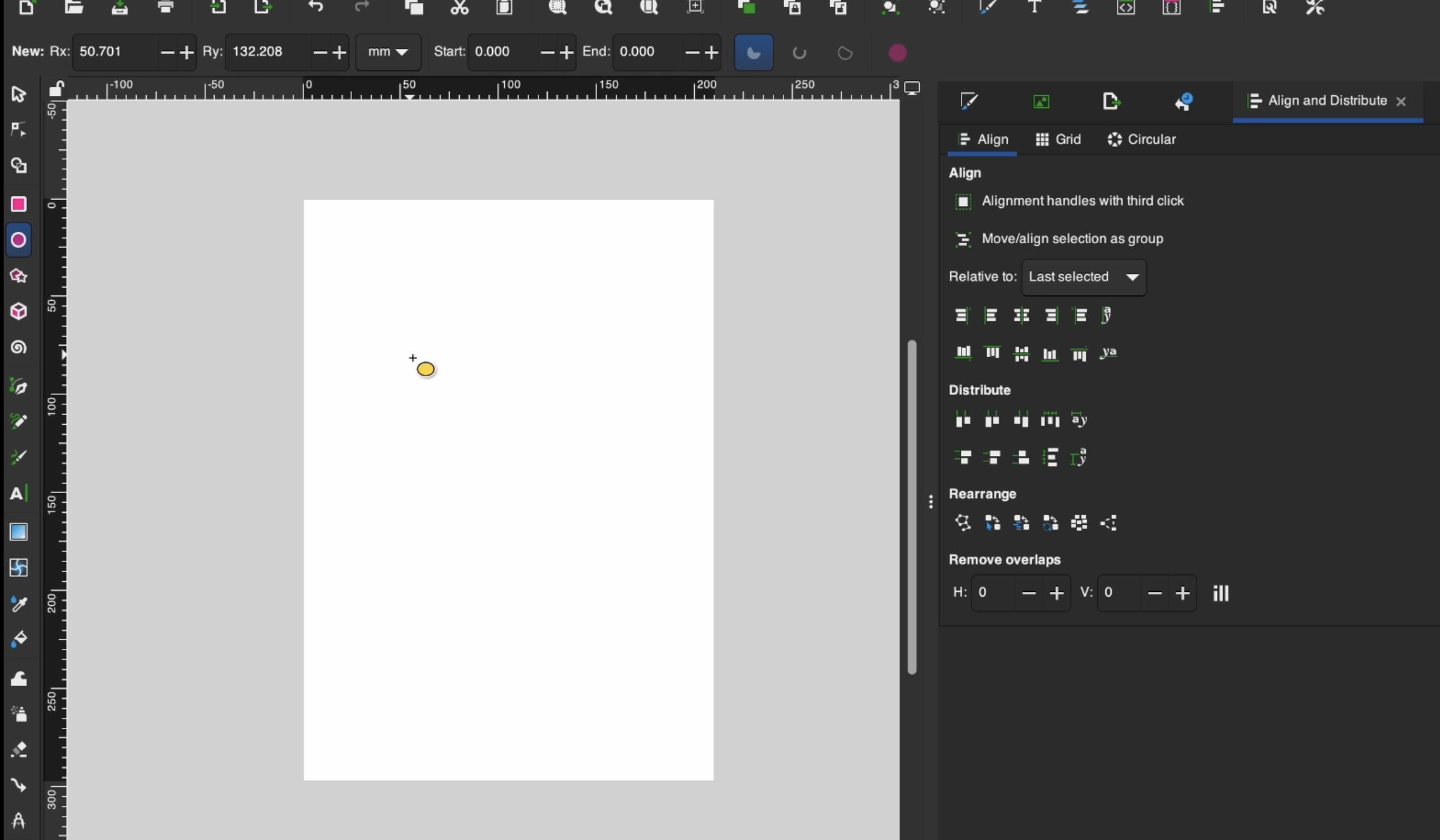 Inkscape workspace with an empty white canvas and the Align and Distribute panel open on the right side.