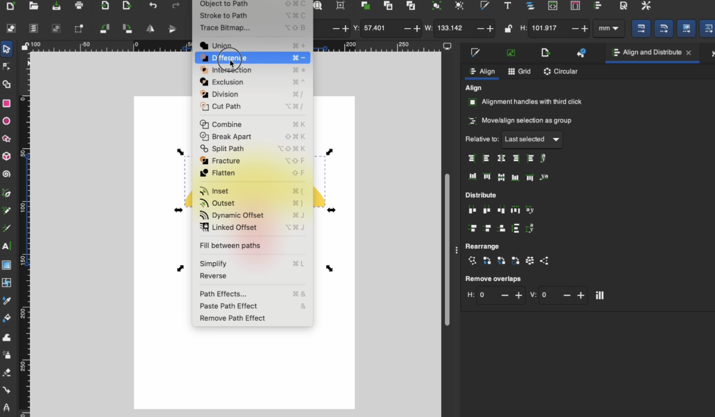 Inkscape Path menu highlighting the Difference function for subtracting one shape from another in a vector design.