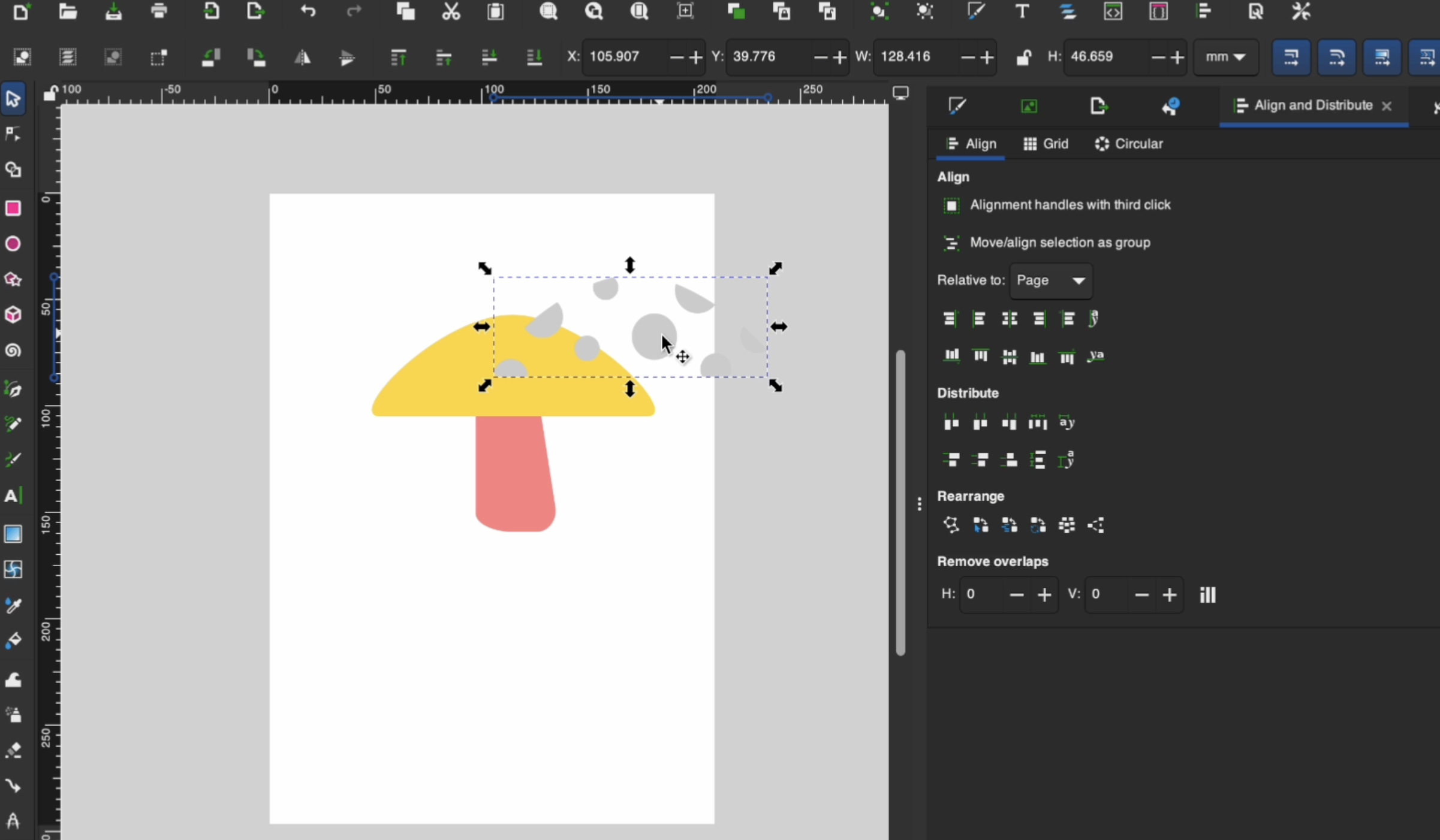 Multiple white circles positioned on a mushroom cap design in Inkscape to create spotted vector graphics.