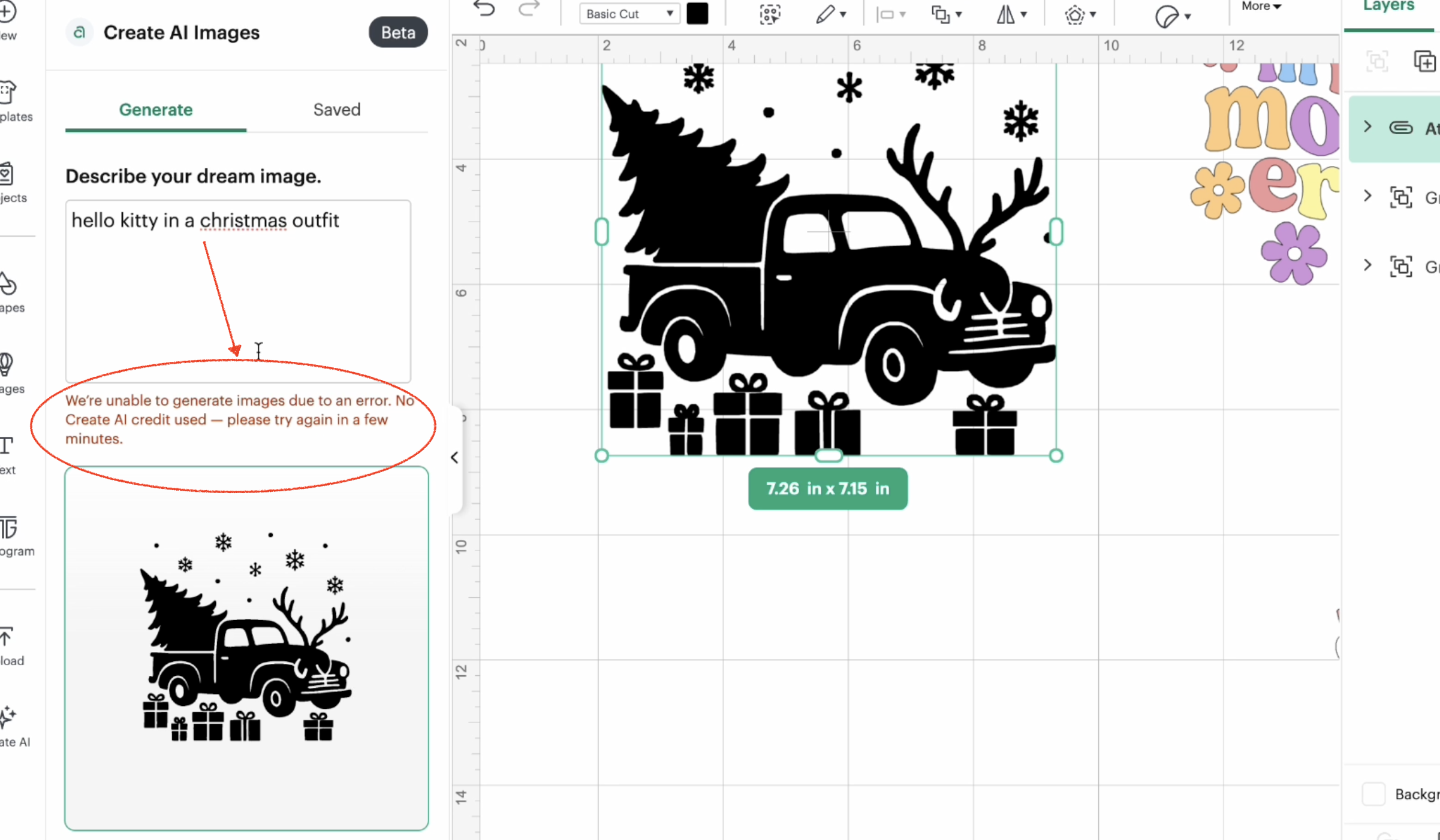Error message in Cricut Create AI tool after entering 'Hello Kitty in a Christmas outfit', showing 'No Create AI credit used' warning in Design Space