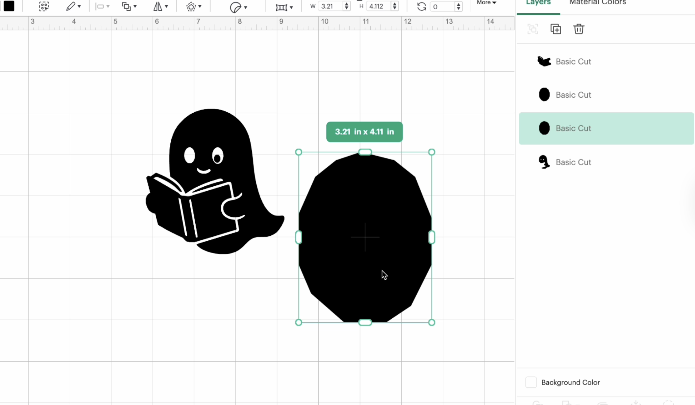 Generated Cricut AI image of a ghost reading a book next to a detached shape in Cricut Design Space canvas view