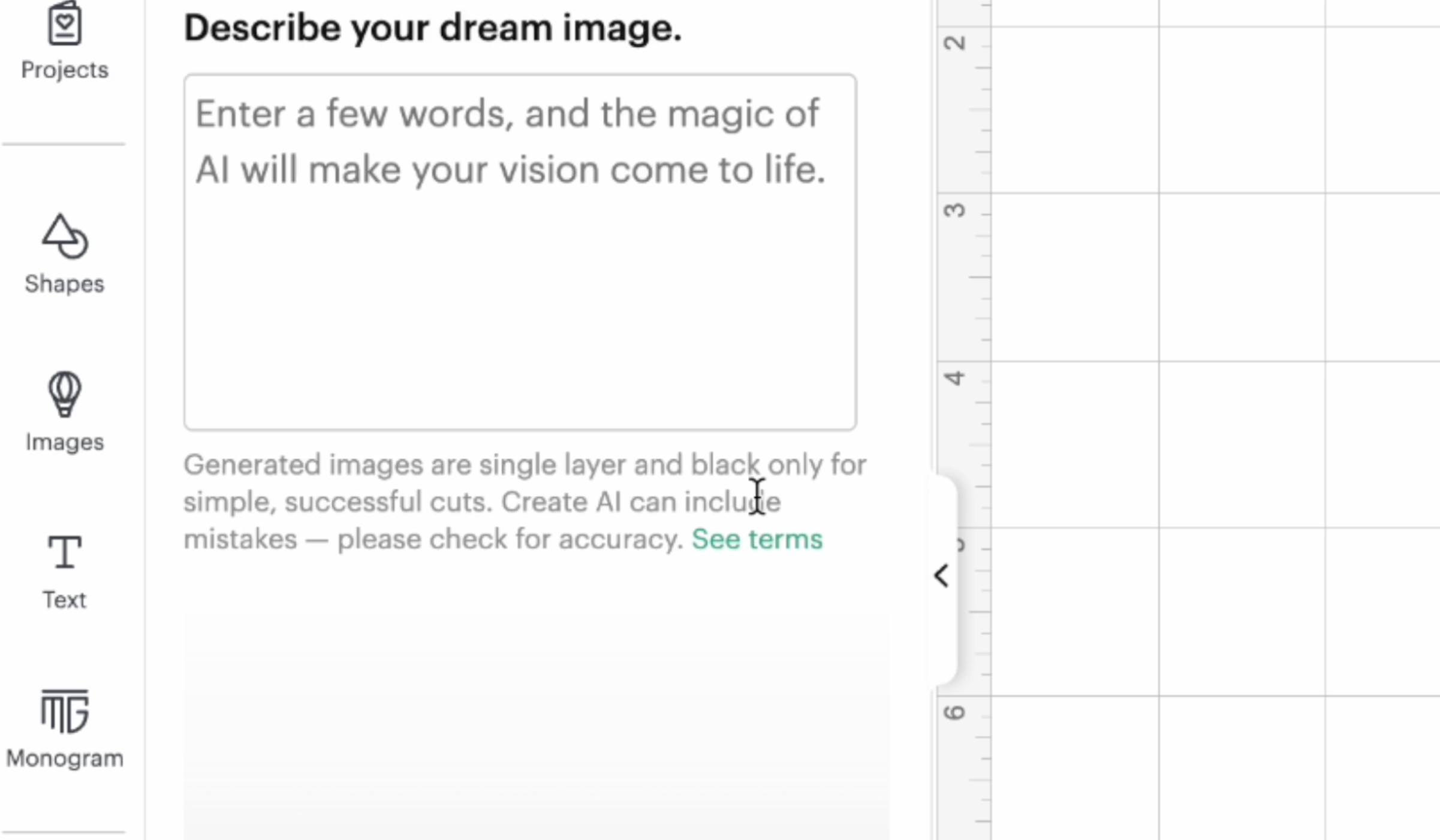 Text prompt box for Create AI Images feature in Cricut Design Space with system notice that images are single layer and black only for simple cuts