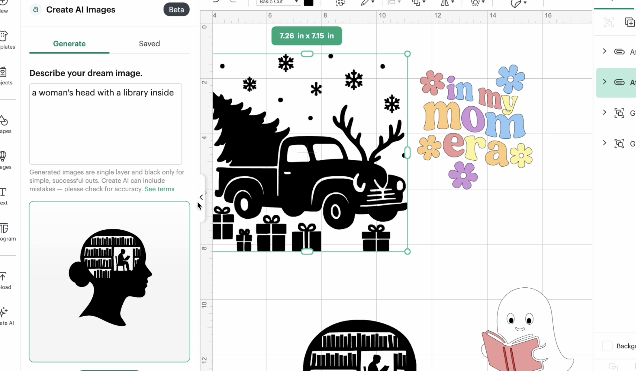 Generated black silhouette image of a woman's head with a library scene inside using Cricut AI Generator in Design Space, shown next to a holiday truck and colorful 'in my mom era' text cut file