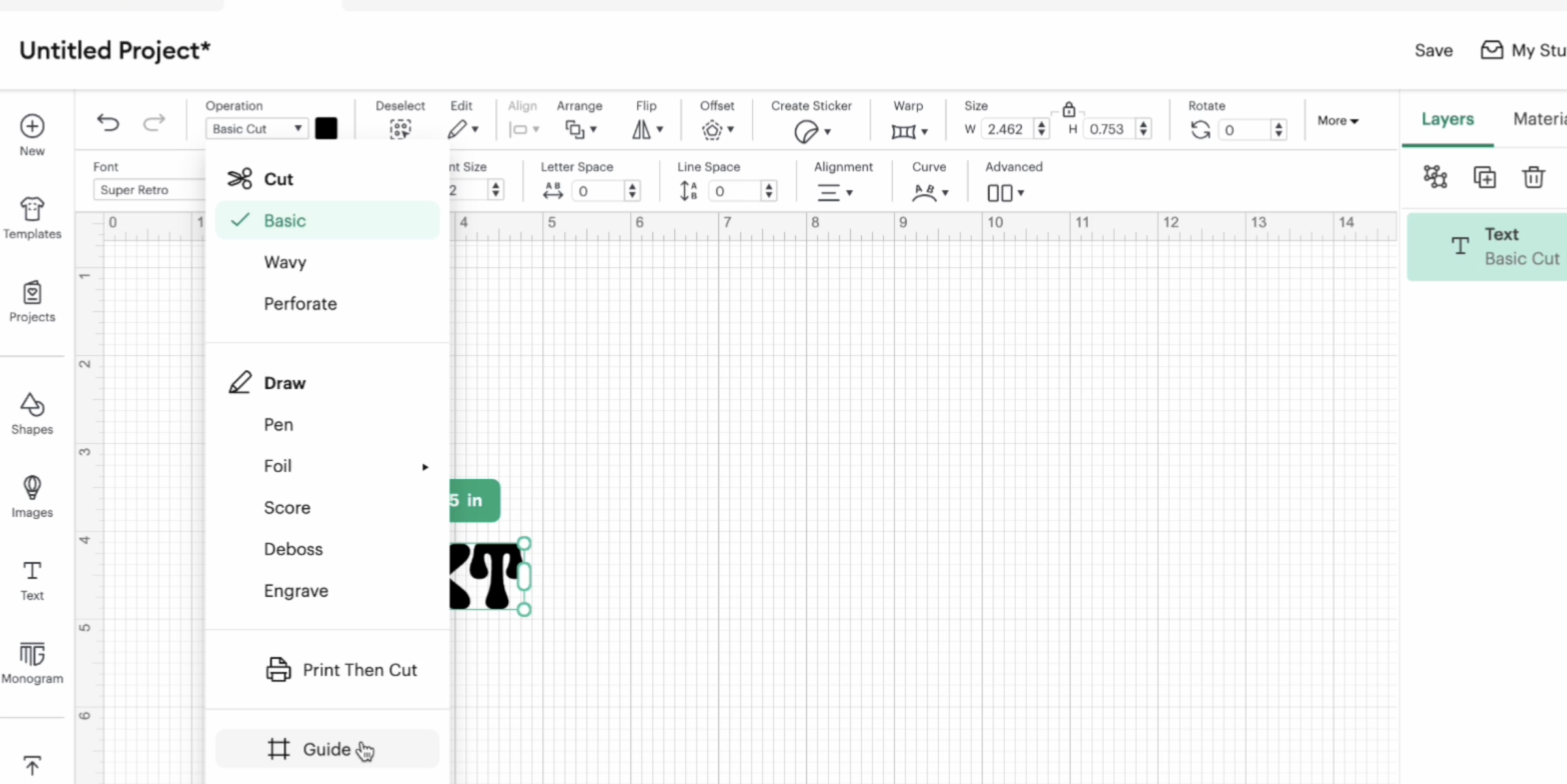 Cricut Design Space Operation Menu showing Basic Cut, Draw, Score, and Engrave tool options in the Cricut Design Space software.