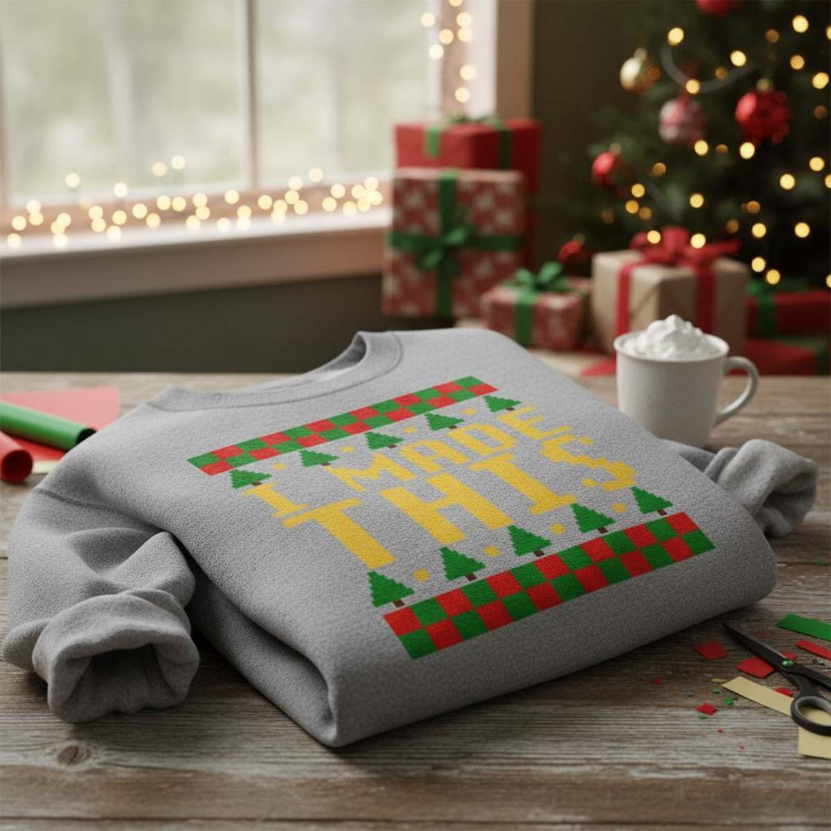 Gray folded sweatshirt with pixel-style text that reads โI Made Thisโ and rows of small trees and red and green stitch patterns, displayed on a holiday craft table.