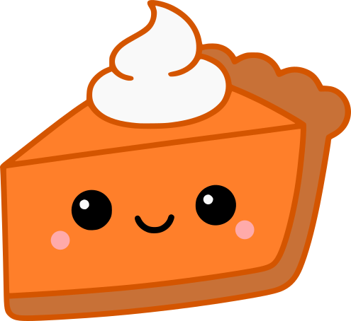 Kawaii pumpkin pie slice with a cute smiling face, rosy cheeks, and a swirl of whipped cream on top, perfect for Thanksgiving and fall craft projects.