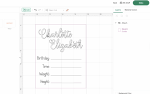 Acrylic sign design layout in Cricut Design Space using an 8×10 guide.