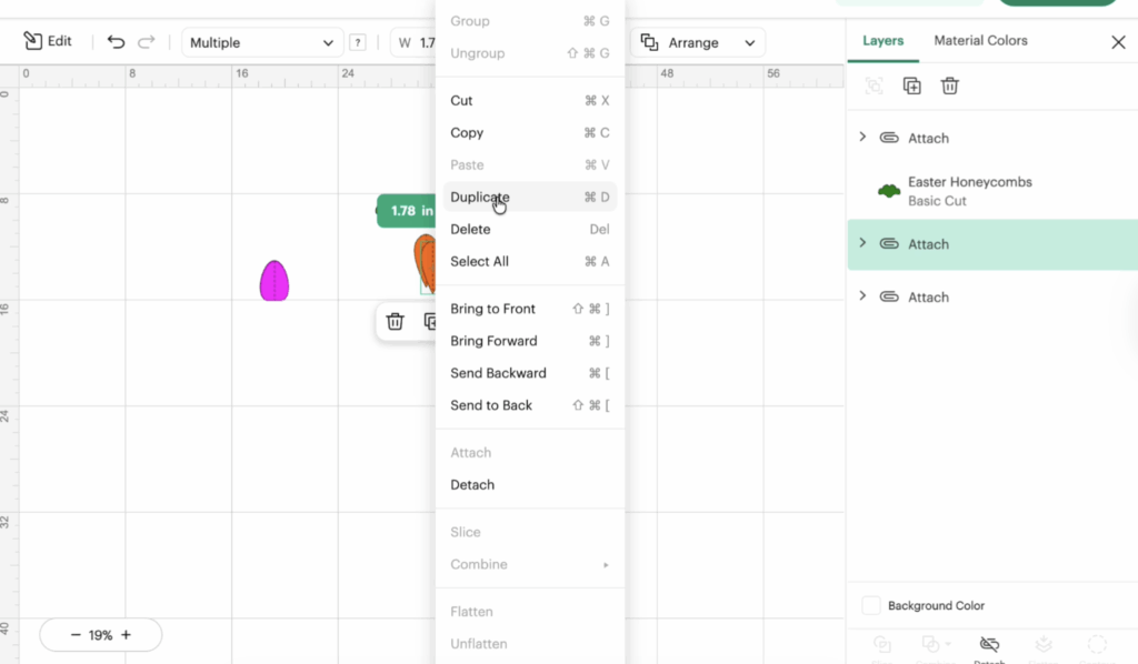 Cricut Design Space duplicate menu selected to create multiple egg pieces for layered honeycomb Easter decorations.
