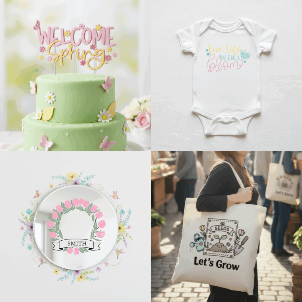 Welcome Spring cake topper and Live Life in Full Bloom baby onesie made with free spring SVG files and Cricut Maker. Spring Tulip wreath on a mirror project. Tote bag with cut layered packet of Seeds SVG.