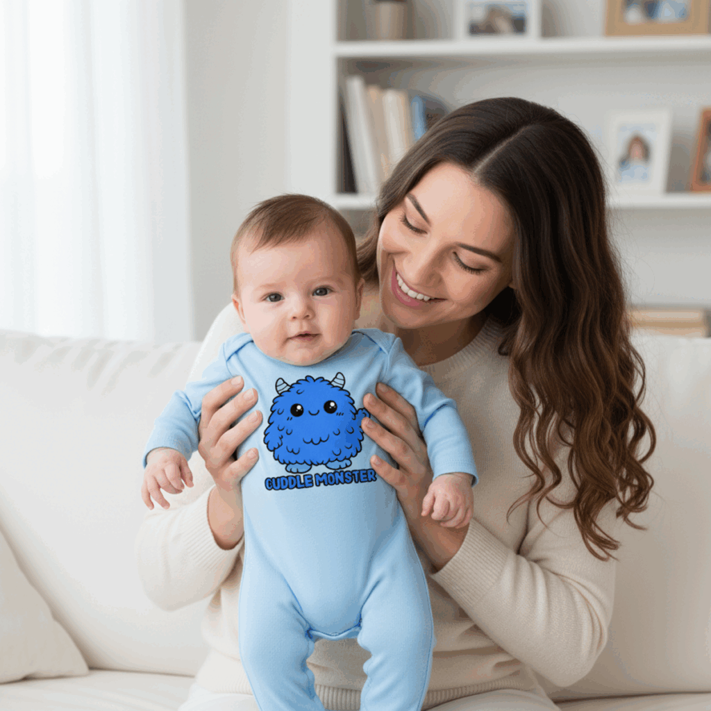 Mother holding baby wearing a blue cuddle monster onesie designed with baby onesie svgs and free svg files