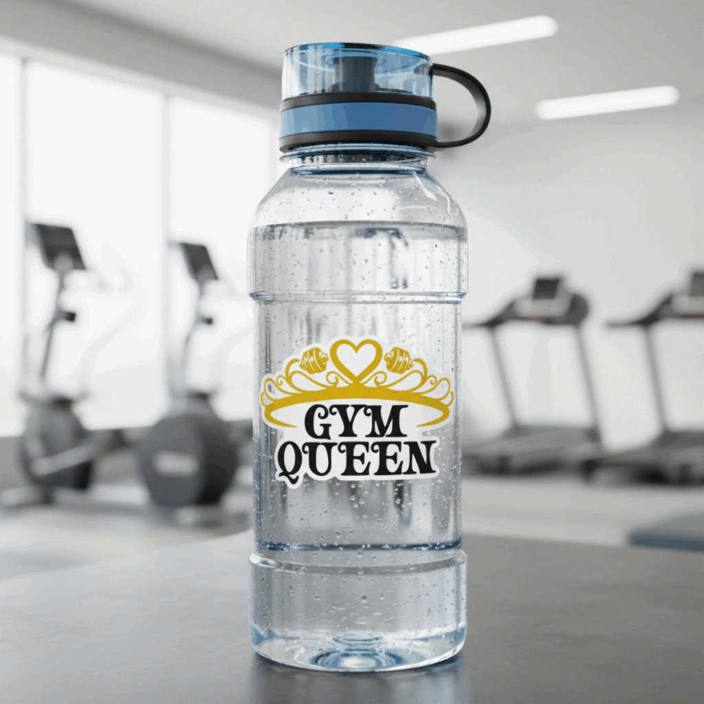 Clear water bottle with gold tiara and “Gym Queen” gym SVG free design applied as vinyl decal.