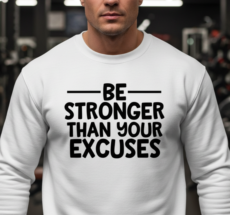 Close-up of grey sweatshirt with “Be Stronger Than Your Excuses” gym SVG free typography design in bold black lettering.
