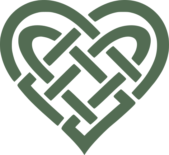 Green Celtic knot heart silhouette with interwoven lines forming a traditional Irish heart symbol on a white background.