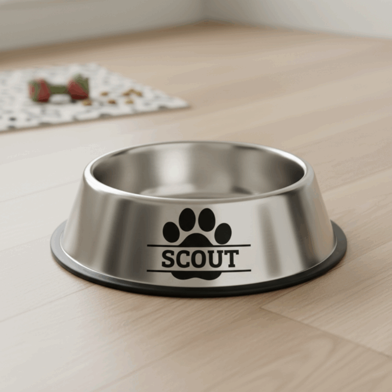custom dog bowl with paw print monogram SVG design for Cricut pet project