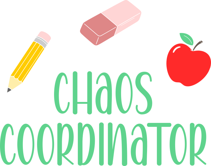 Chaos Coordinator teacher SVG design featuring a pencil, eraser, and apple illustration for Cricut and Silhouette crafting projects