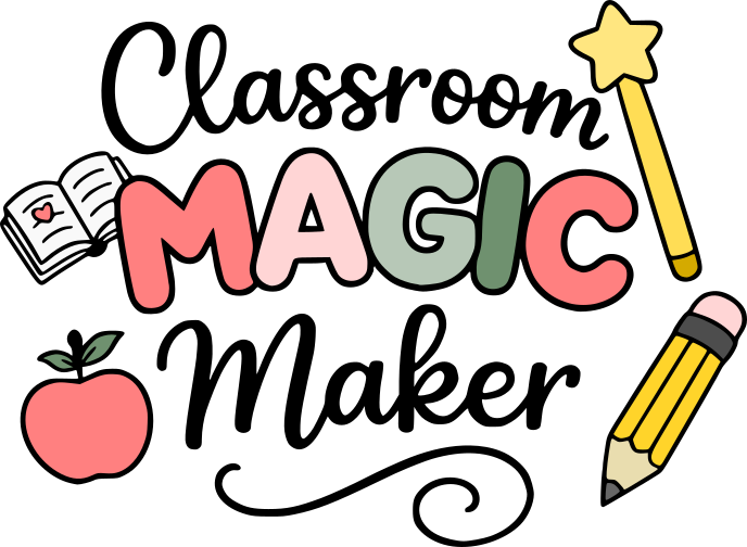 Classroom Magic Maker teacher SVG featuring a magic wand, apple, book, and pencil illustration for Cricut projects