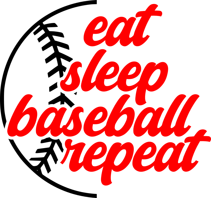 Eat Sleep Baseball Repeat SVG design with half baseball silhouette and bold red script text for Cricut and Silhouette projects.