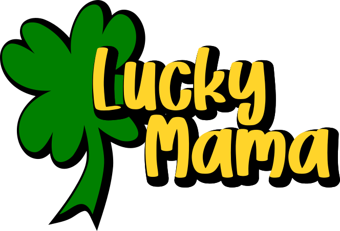 Large green shamrock with bold yellow “Lucky Mama” lettering outlined in black in a playful cartoon style.