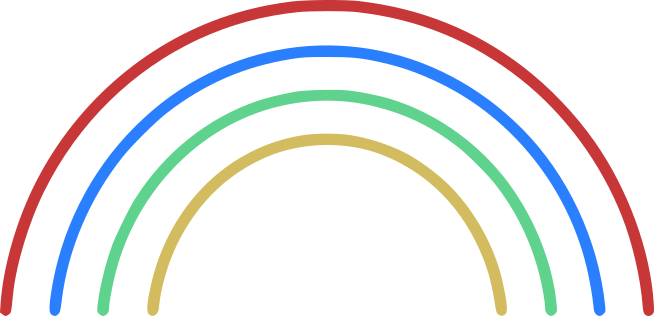 Minimalist rainbow arch made of smooth curved lines in red, blue, green, and gold on a white background.