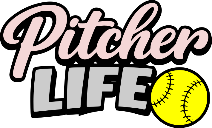 Pitcher Life softball SVG with script lettering and yellow softball graphic for Cricut softball shirts and sports crafts.