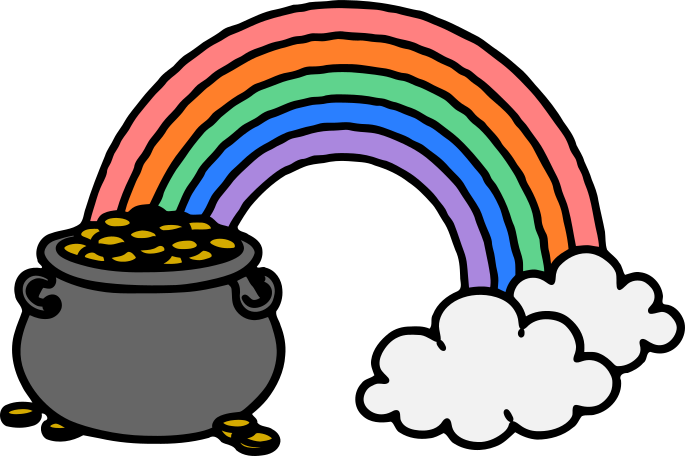 Colorful rainbow arching over a gray pot filled with gold coins and fluffy white clouds in a cartoon style.