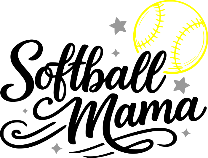 Softball Mama script SVG design with softball graphic and decorative stars for Cricut shirts and softball mom gear.