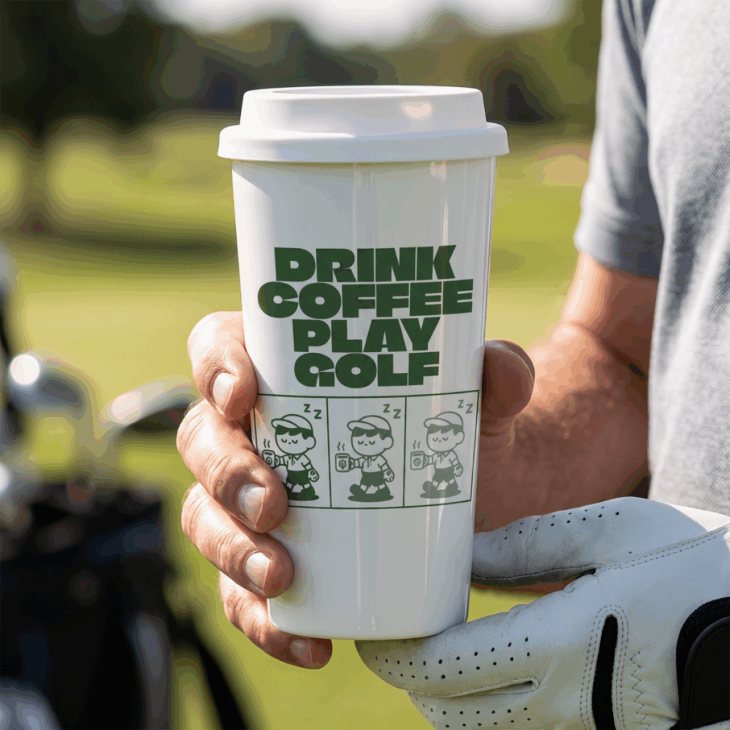 drink coffee play golf svg design on coffee cup mockup