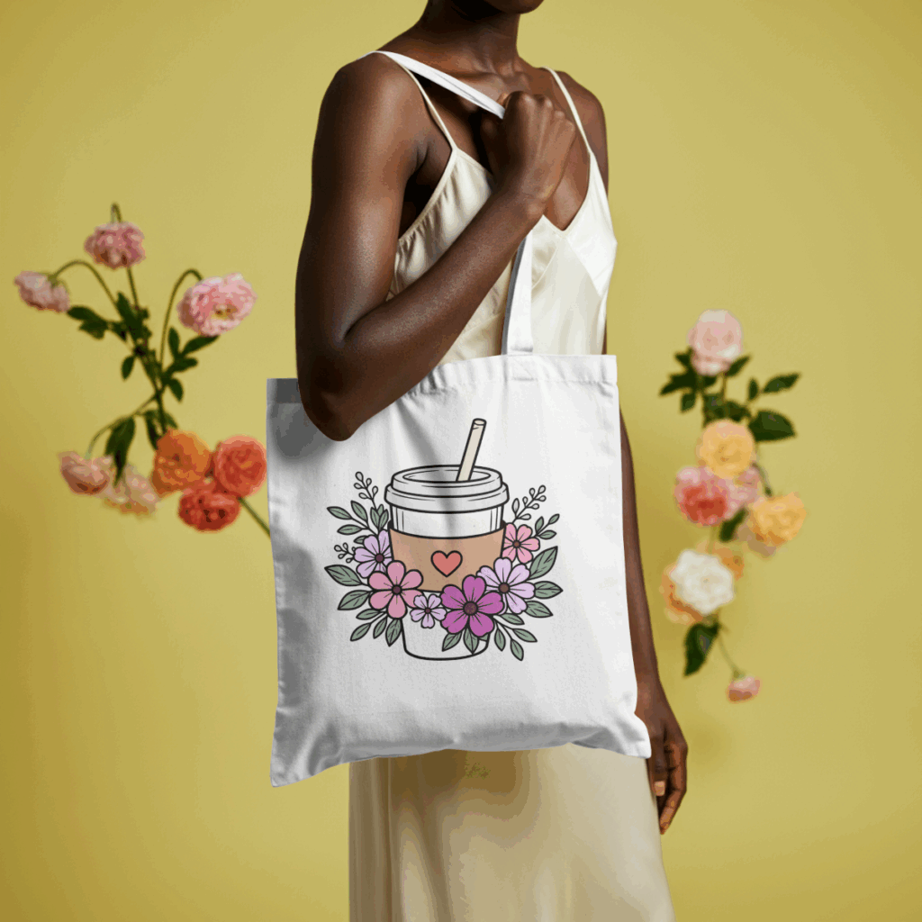 floral coffee svg design on tote bag with flowers background