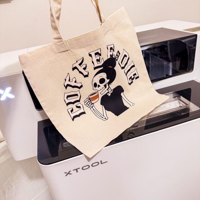 offee or die png design on tote bag printed with dtf printer