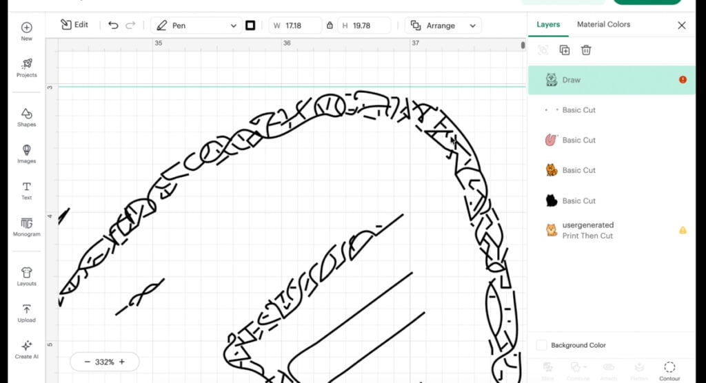 Cricut Design Space AI draw feature squiggle line detail on canvas.