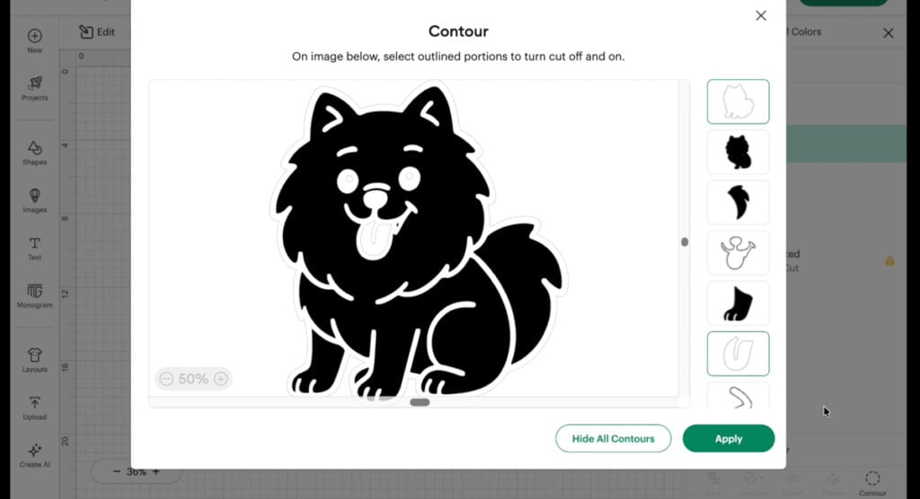Cricut Design Space contour tool editing AI-generated dog image layers.