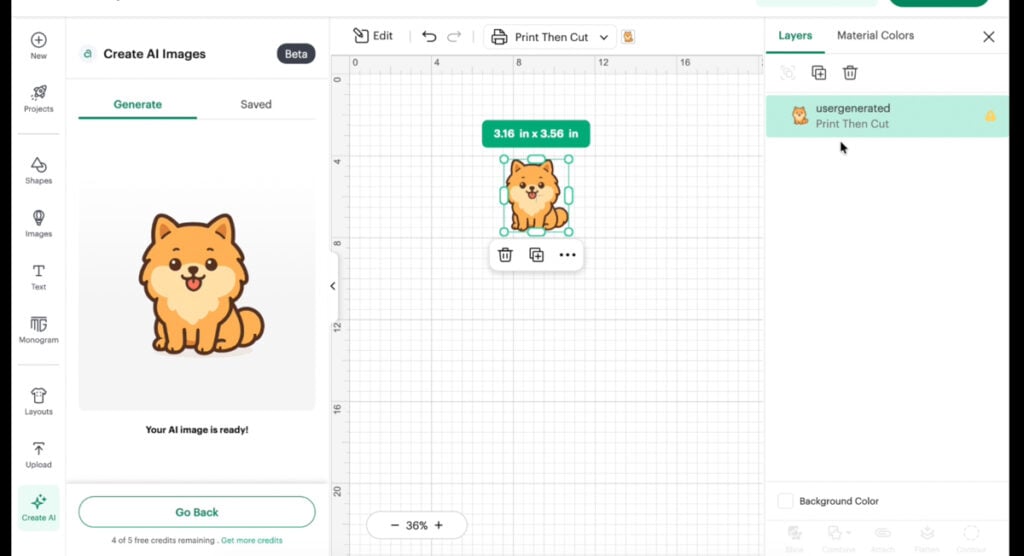 Cricut AI Project Designer generated pomeranian sticker on design space canvas.