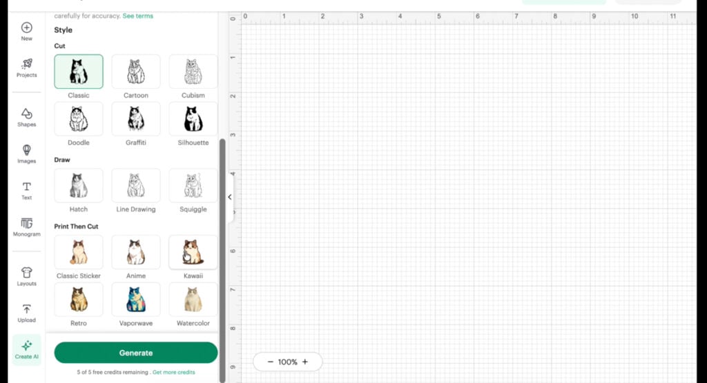 Cricut AI Project Designer style options including draw and sticker features.
