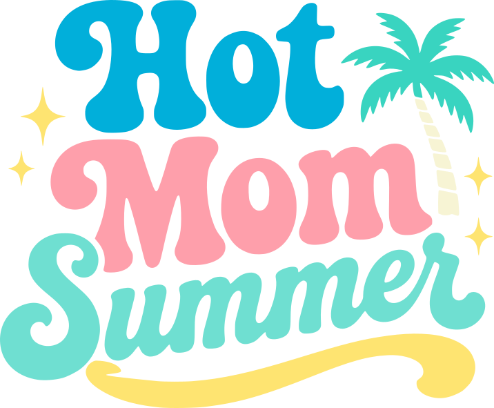 Retro Hot Mom Summer design with bold layered typography, palm tree, and summer elements