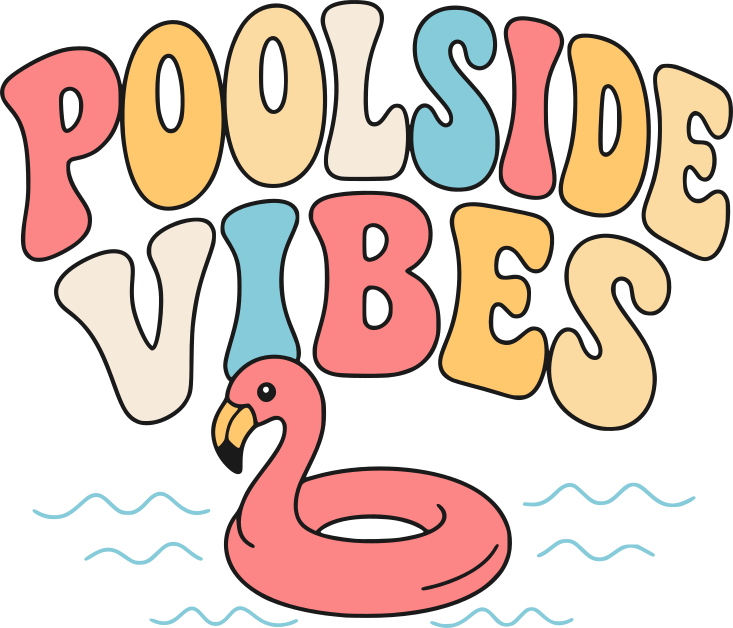 Poolside Vibes design with retro bubble font and flamingo float in water waves.