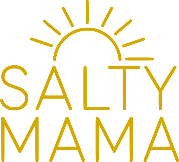 Salty Mama minimalist design with monoline font and sun illustration above text.