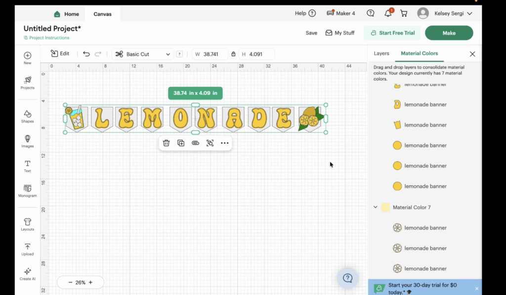 Lemonade banner SVG uploaded into Cricut Design Space.
