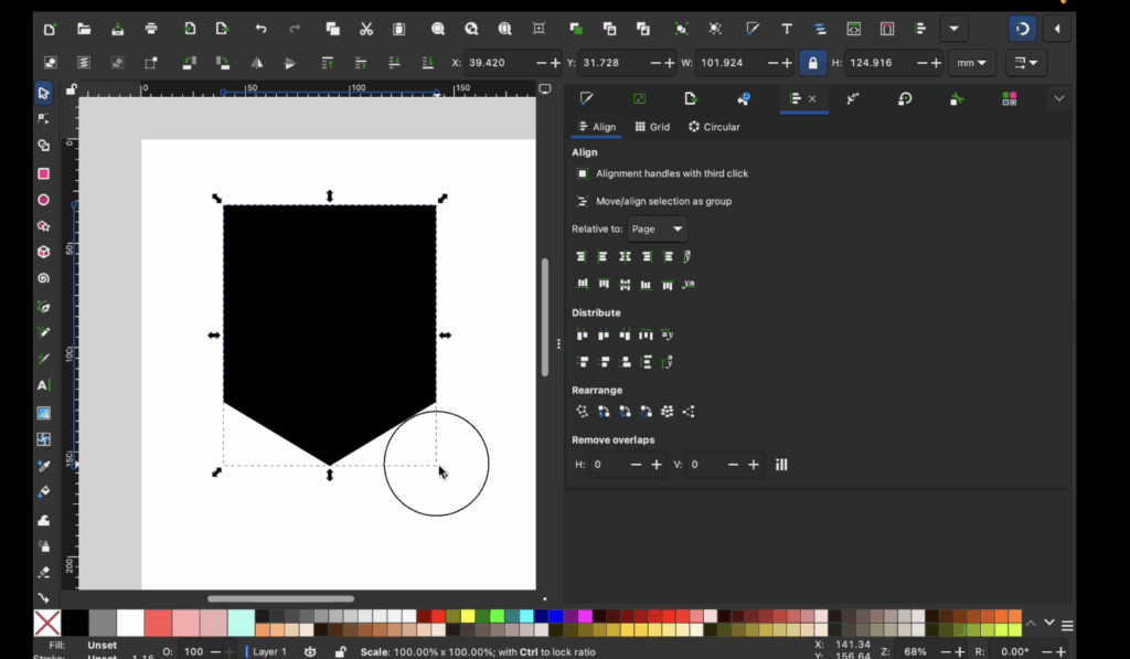 Completed banner pennant shape next to a circle shape in Inkscape.