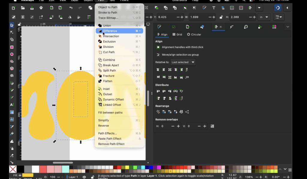 Difference path tool selected in Inkscape to remove the center of a letter.