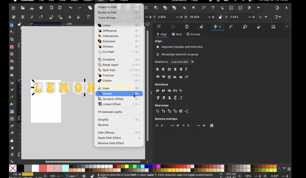 Outset path tool being used to create a layered shadow around letters in Inkscape.