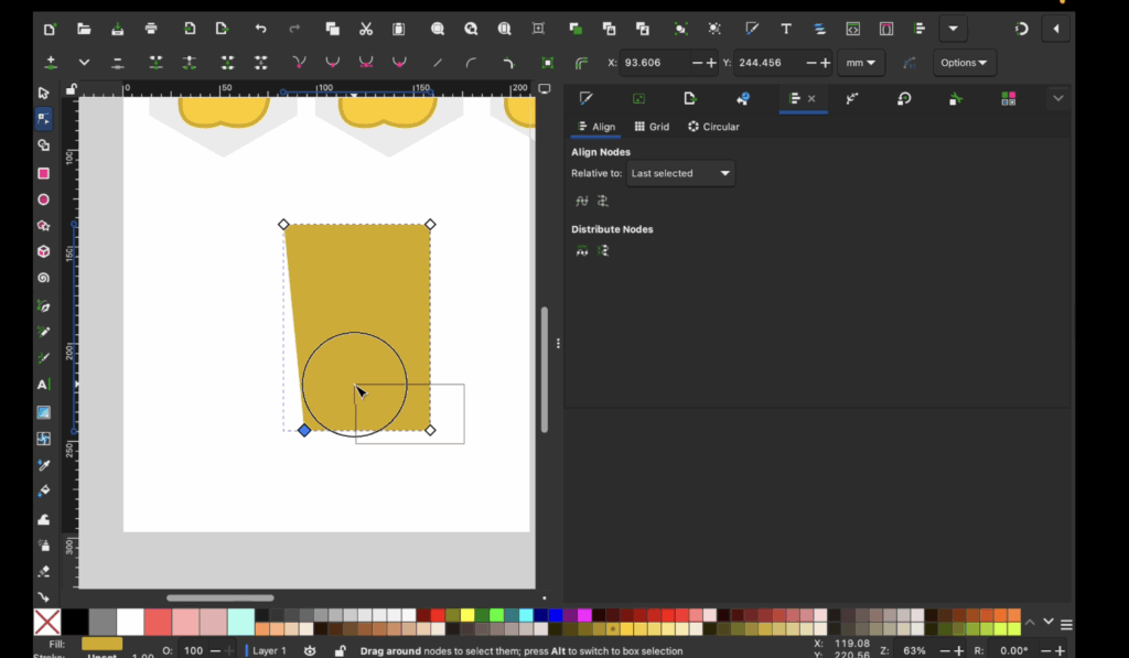 Cup shape being designed with nodes and circles in Inkscape.