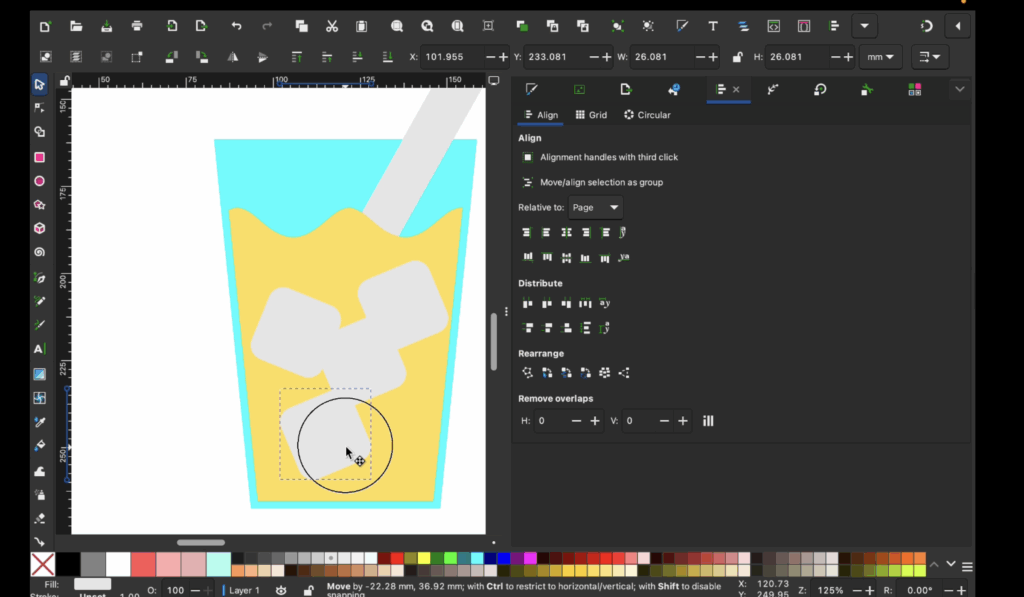 Layered lemonade cup SVG with ice cubes and straw in Inkscape.