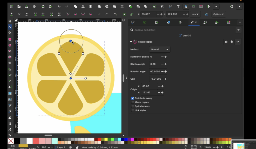 Lemon slice SVG being created with rotate copies path effect in Inkscape.