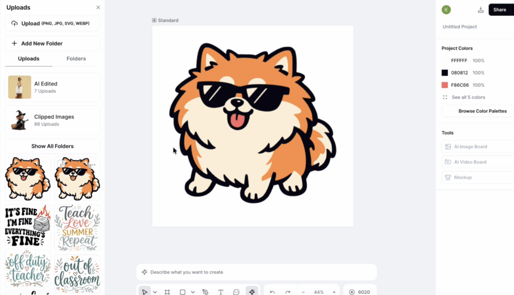 Kittl SVG design platform showing a cartoon dog graphic being vectorized for Cricut crafting projects