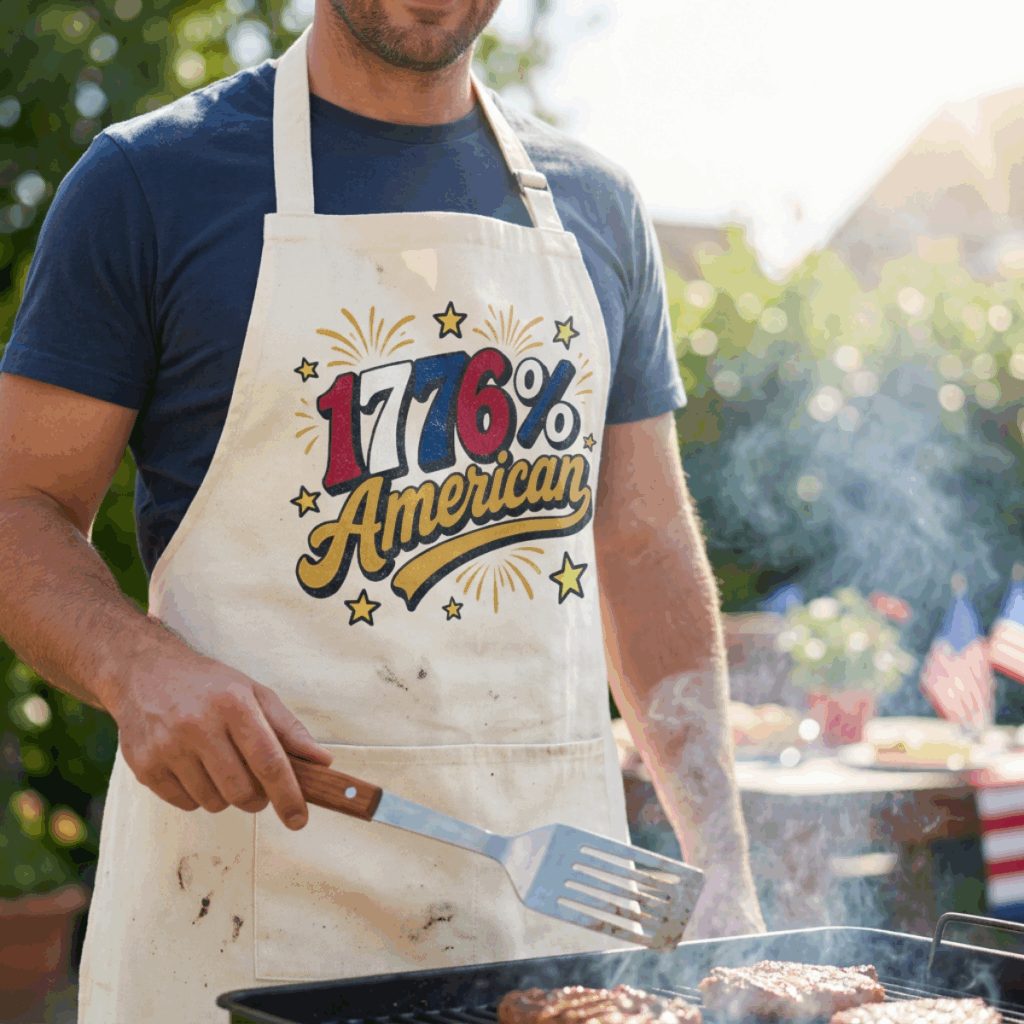 Man wearing a patriotic 1776 American apron while grilling outdoors.