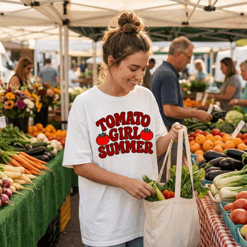 Tomato Girl Summer SVG shirt at an outdoor farmers market.