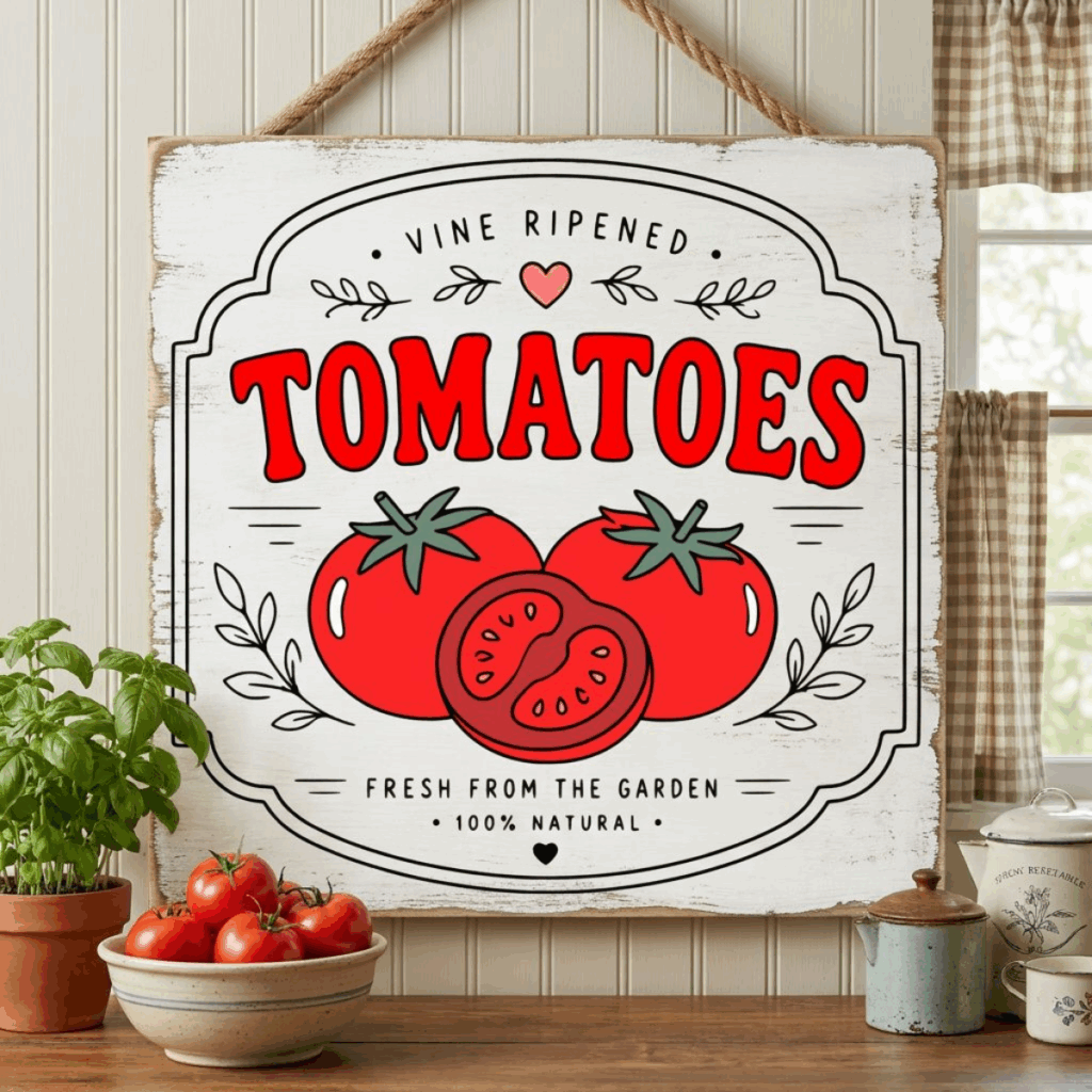 Vintage tomato SVG farmhouse sign with red tomato illustrations.